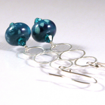 3 Ring Peacock Earrings - blue teal artisan lampwork sterling silver circles drops dangles