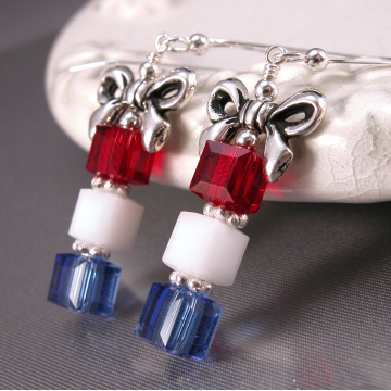 Red White and Blue Package Earrings - handmade artisan lampwork red white blue freshwater pearl sterling silver stripes patriotic july4th srajd cserpentDesigns