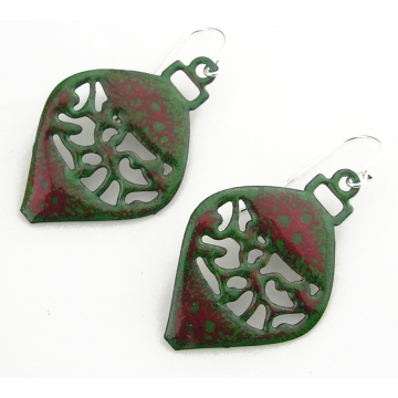 Tis the Season Earrings - Artisan Christmas Earrings in Green & Red Crackle Enamel, Lightweight Ornaments