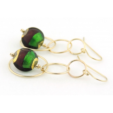 Venetian Christmas Earrings - red green gold Venetian bead dangle rings gold filled handmade artisan srajd cserpentDesigns
