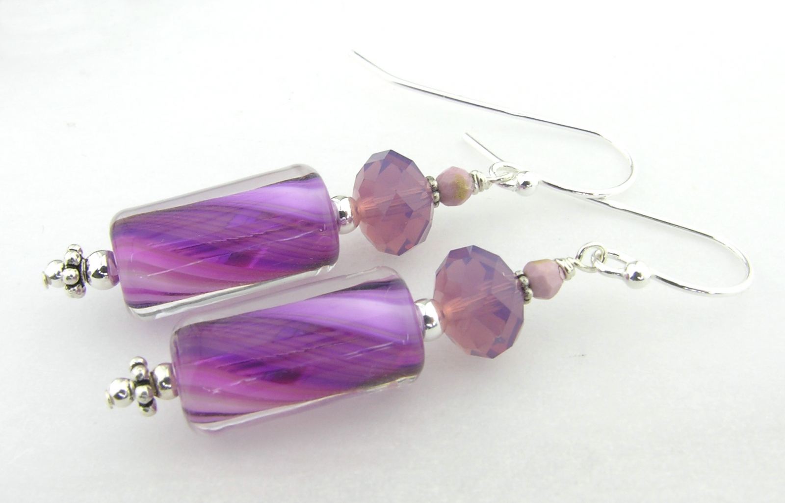 purple and lavendar glass earrings with phosphodiderite swarovski crystals sterling silver