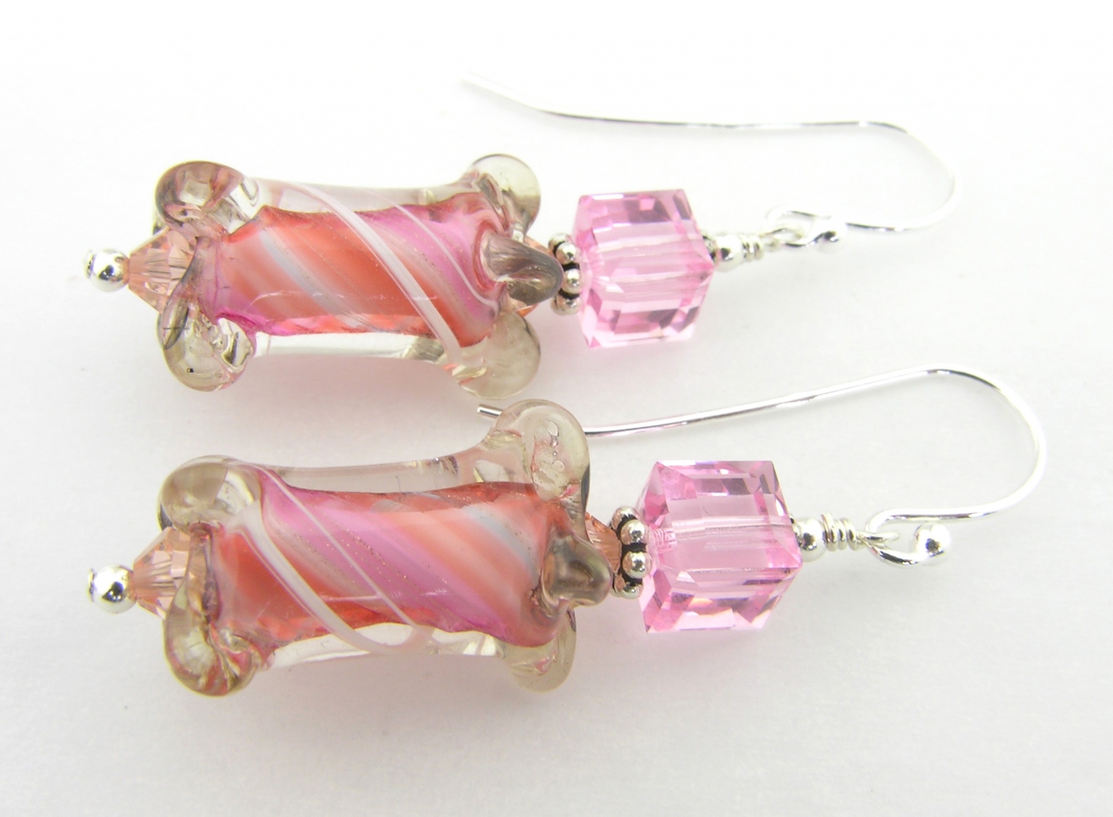 sherbet earrings furnace glass peach pink white swarovski crystal cube sterling silver
