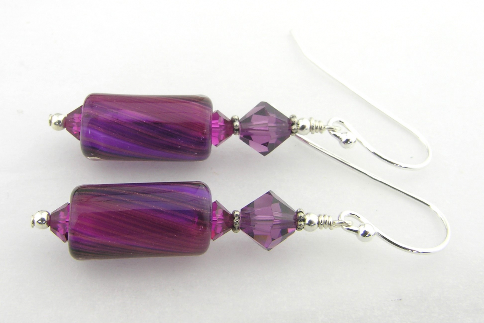 fuchsia and grape furnace glass earrings with swarovski crystals sterling silver