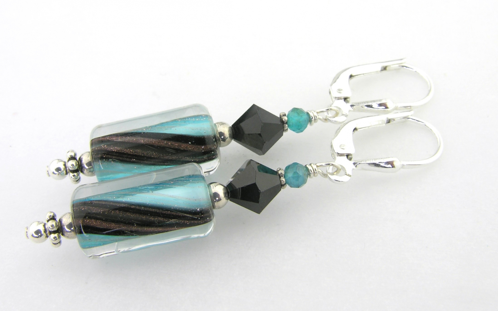 black and teal furnace glass earrings with apatite and swarovski crystals sterling silver