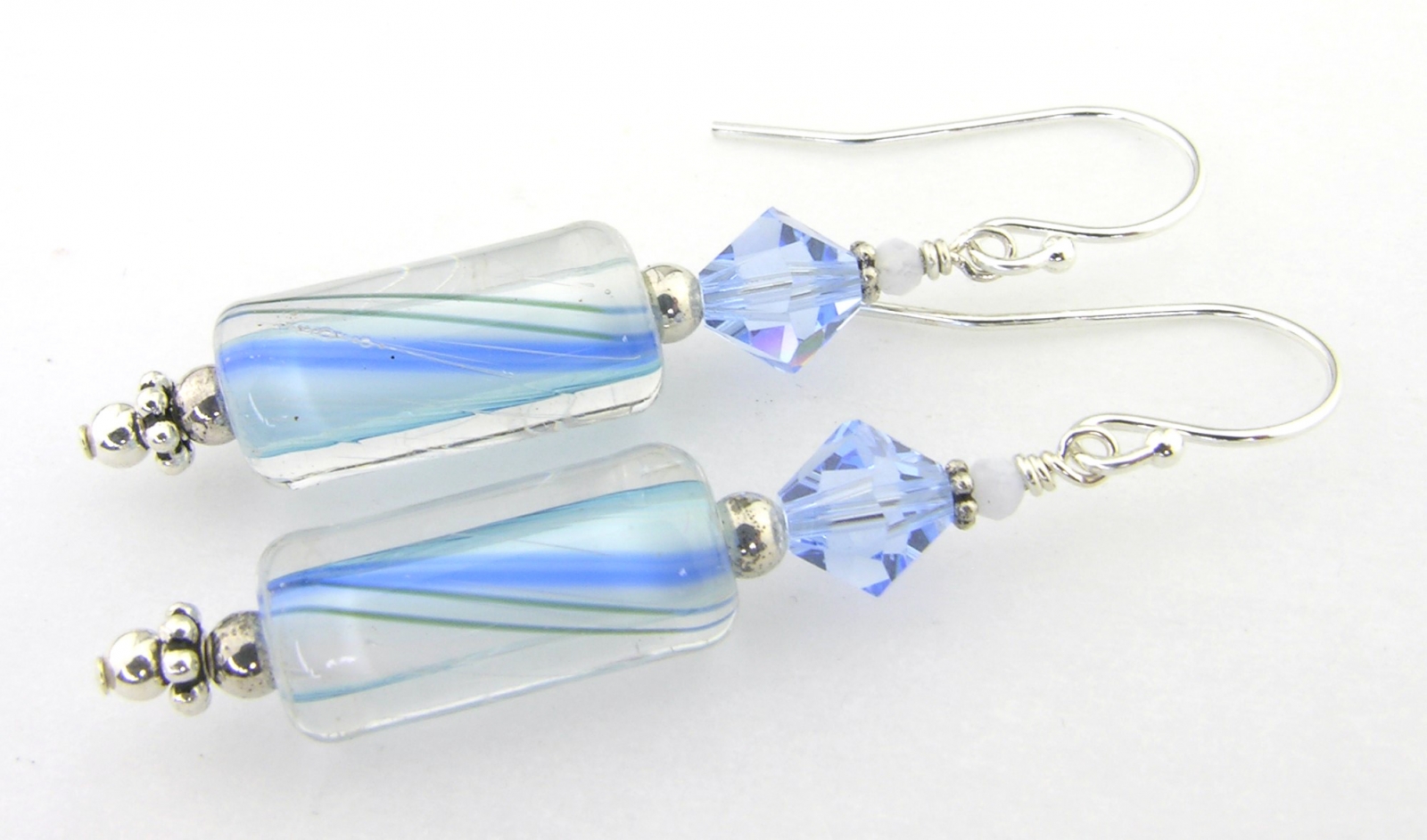 blue and white furnace glass earrings with blue lace agate and swarovski crystals sterling silver