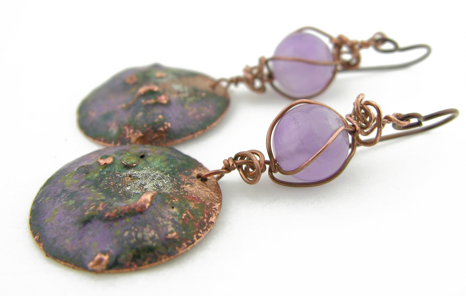 chaos earrings - reticulated copper with copper enamel and silver, amethyst, copper wire and niobium ear wires