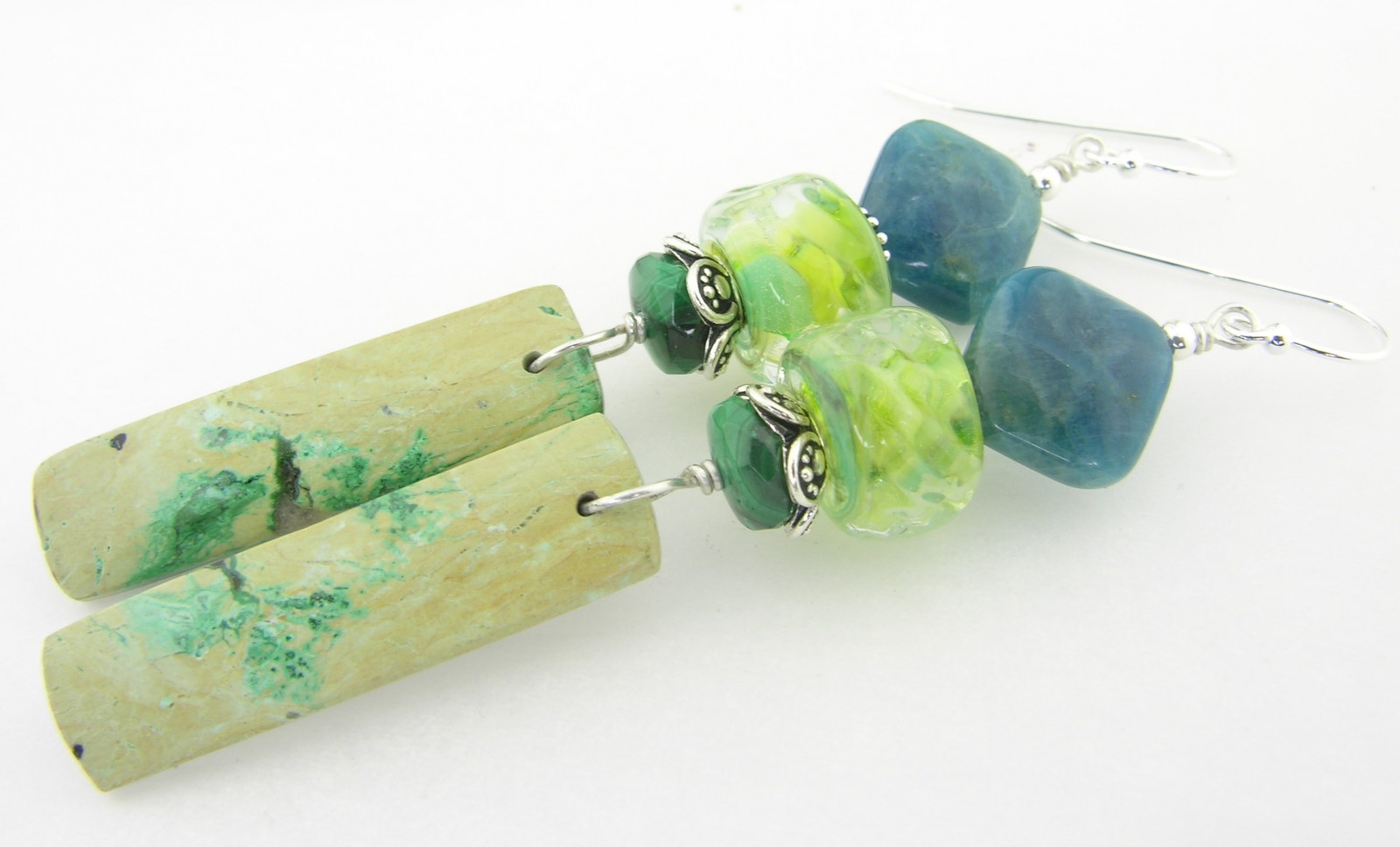 Contemplation Earrings - chrysocolla, artisan lampwork, apatite, malachite and sterling silver