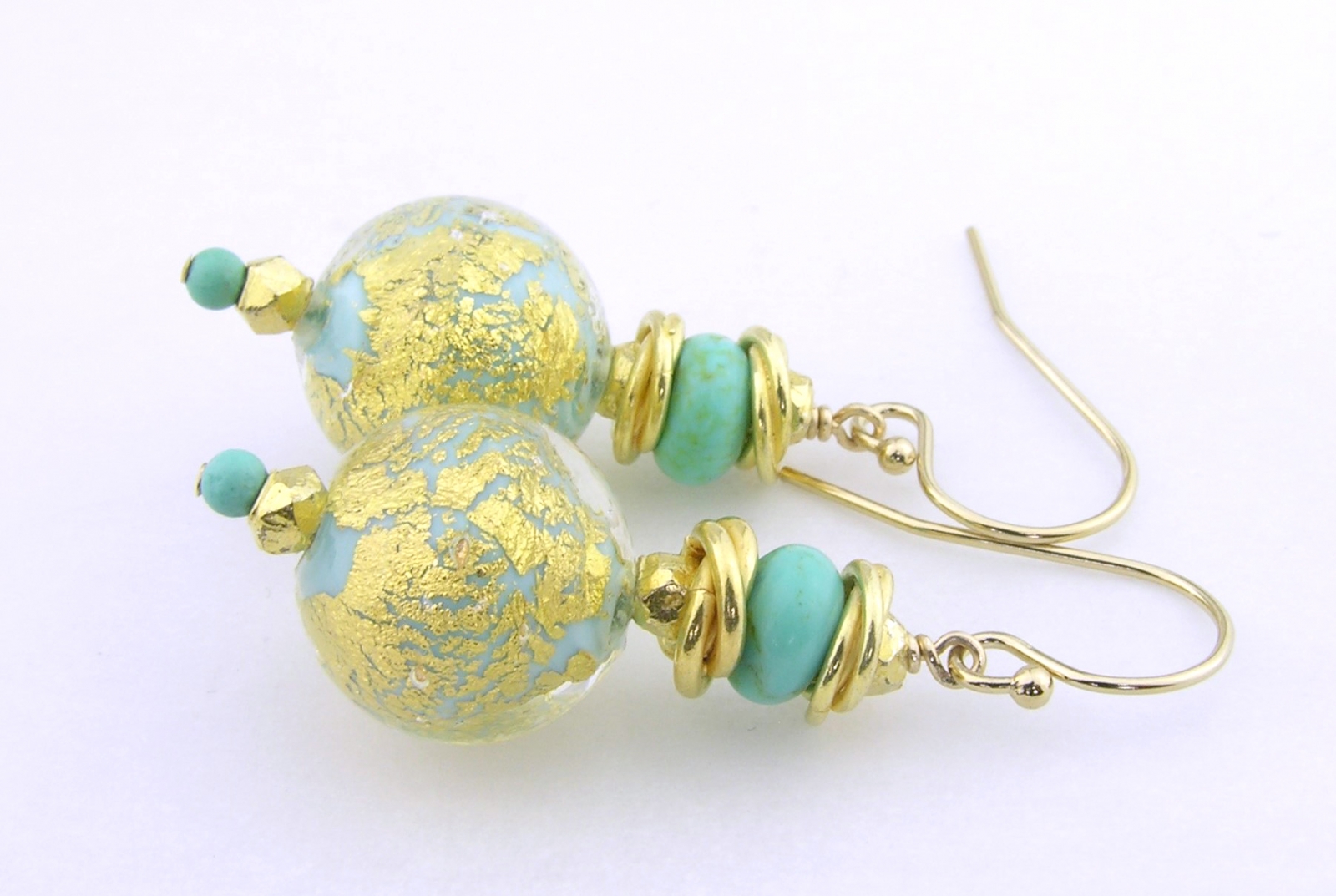 Golden Crackle Earrings - venetian beads with gold leaf, turquoise, gold vermeil and gold fill