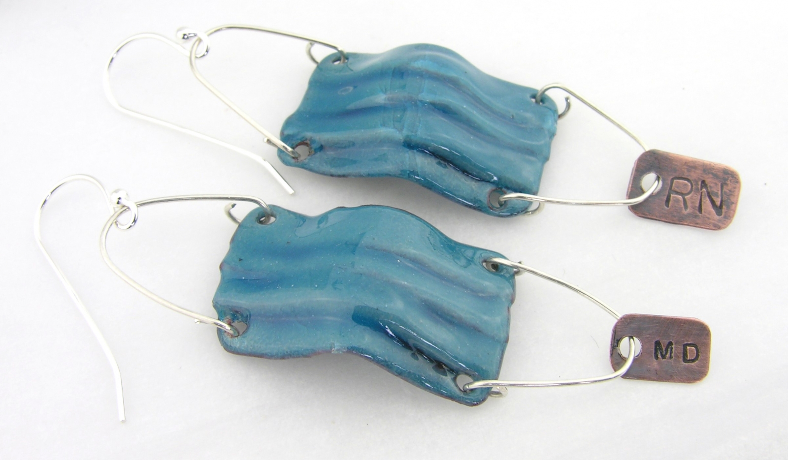Covid19 surgical mask earrings aqua blue enamel copper foldformed coronavirus