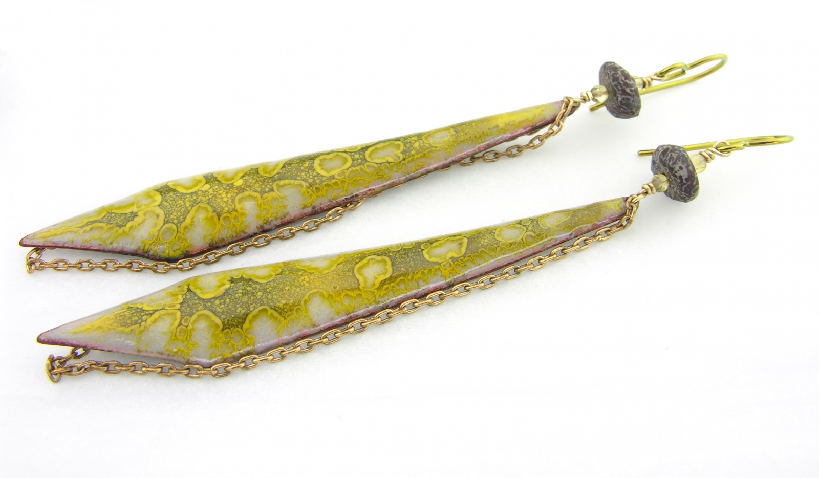 Relics Earrings - dinosaur bone, citrine, enamel on brass and niobium