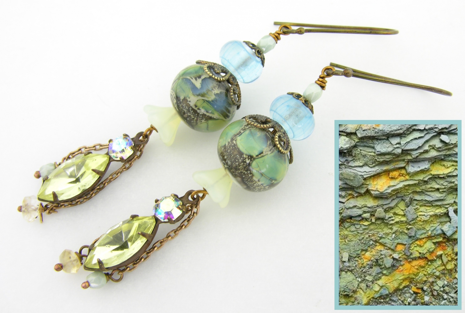 Softly Sulfured Waters Earrings - blue green yellow artisan lampwork, Czech glass, crystal rhinestones, citrine and brass