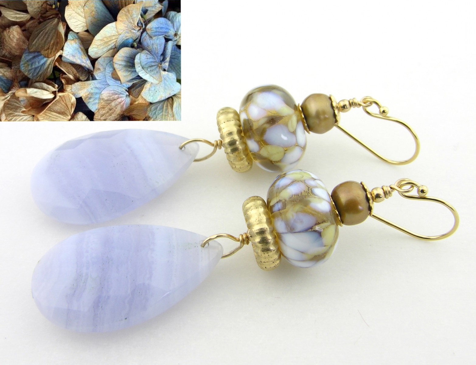 Whispers of Blue Earrings - blue lace agate, light blue, light brown, topaz, white artisan lampwork, freshwater pearls and gold fill