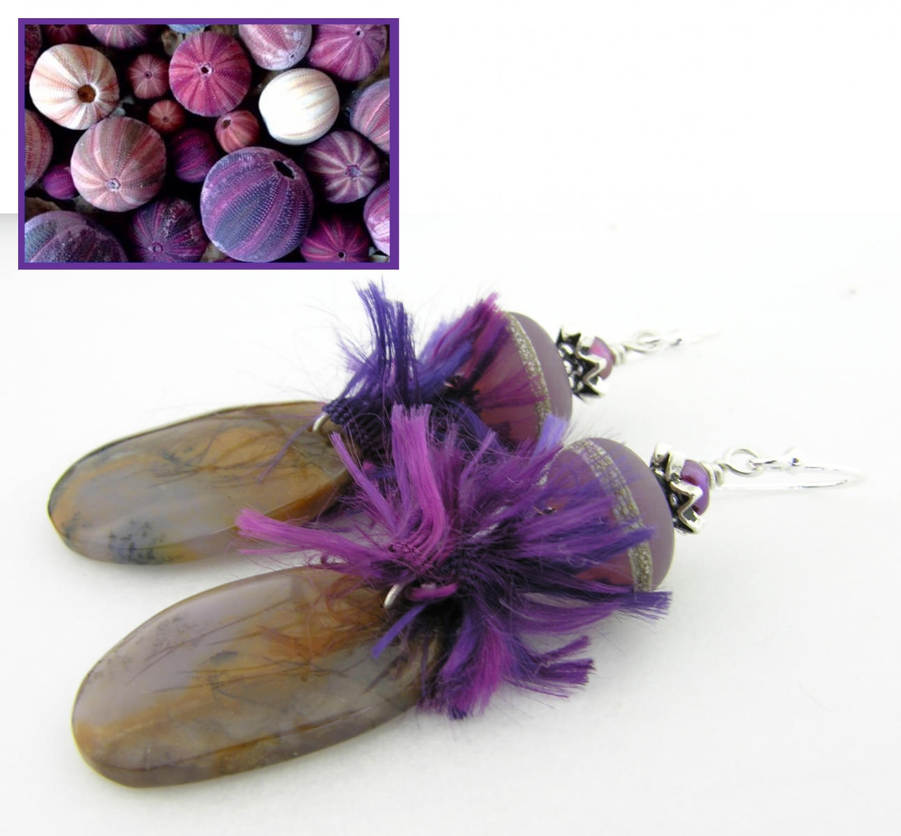 earthy shades earrings purple brown lavendar amethyst sage agate, artisan lampwork freshwater pearls sterling silver handmade