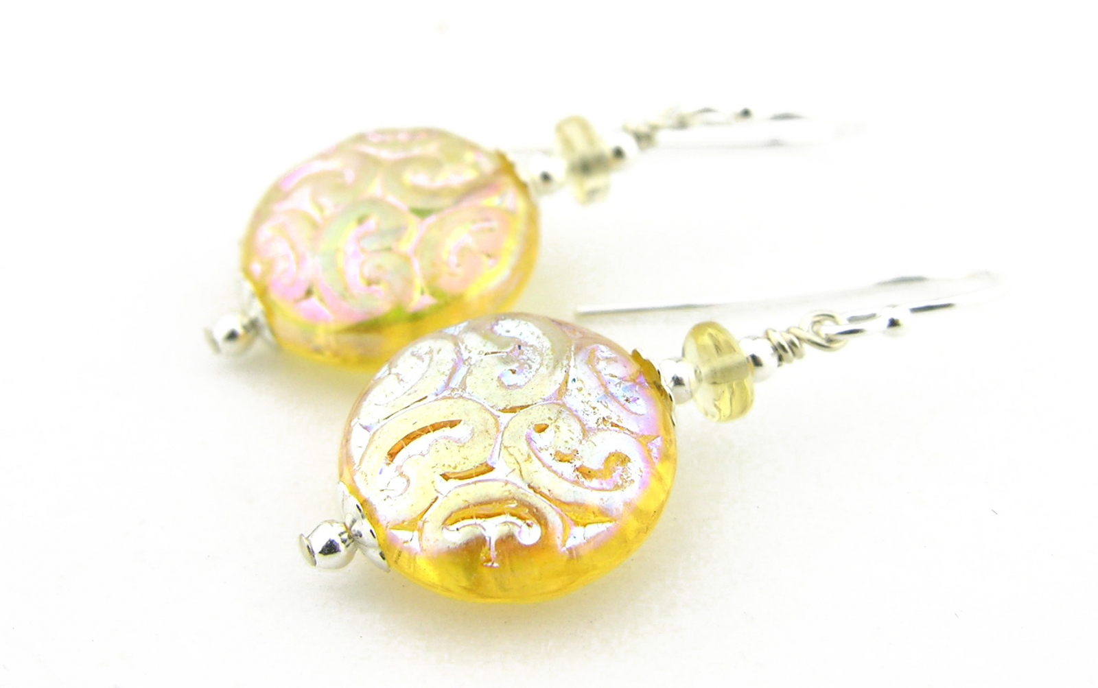 sunny scrolls earrings - Czech glass lentil in yellow with engraved scrolls, citrine and sterling silver