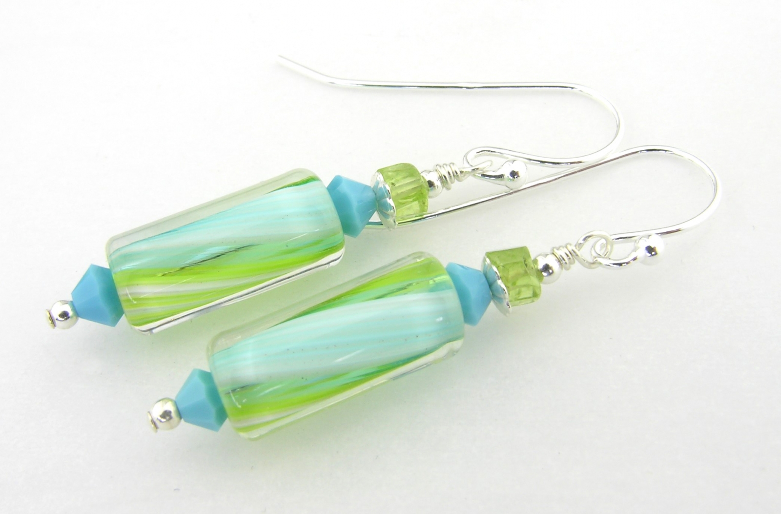 turquoise and peridot furnace glass earrings with peridot swarovski crystals sterling silver
